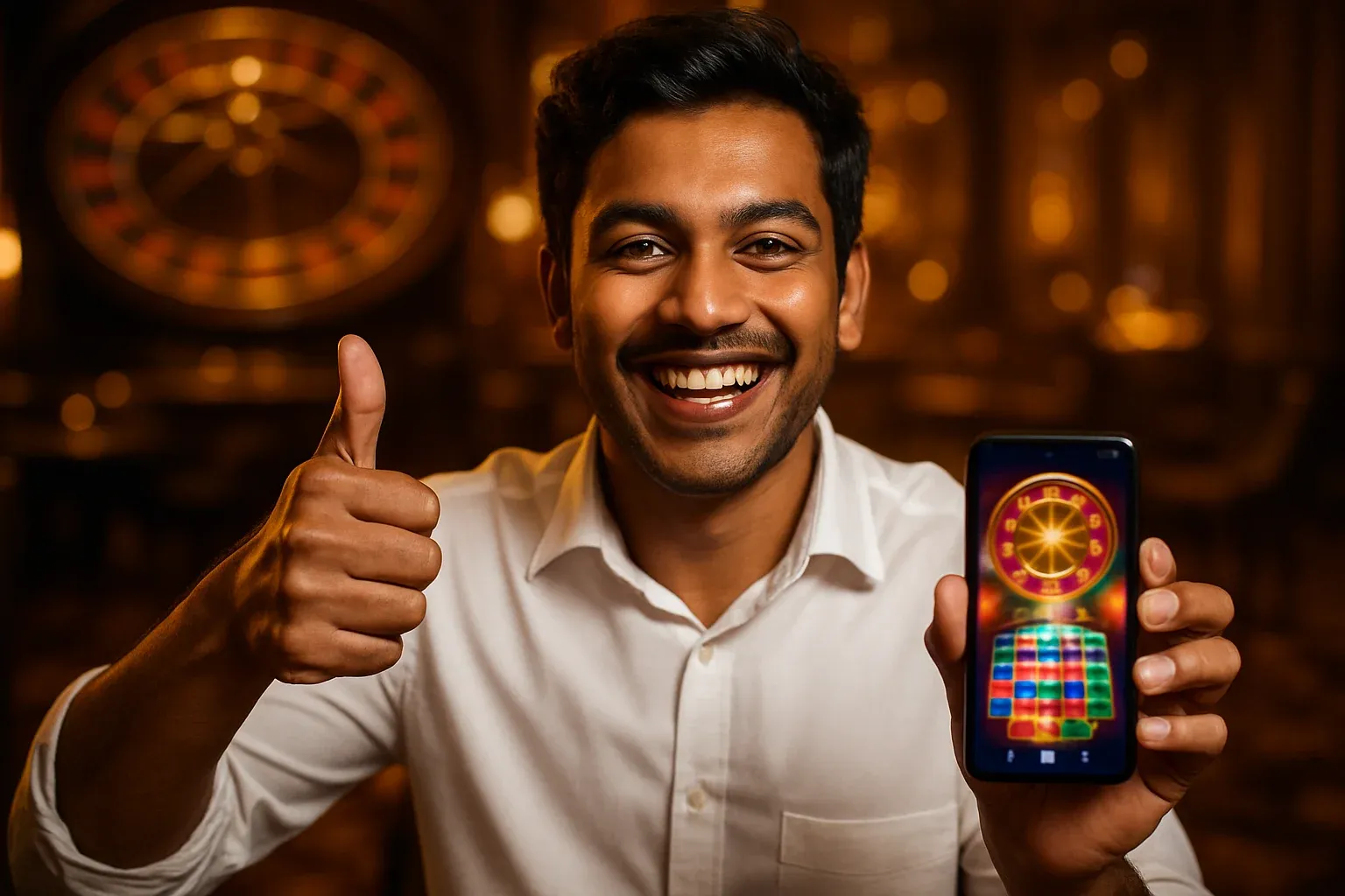 Grinning Bangladeshi man giving thumbs-up holding smartphone with casino app glow