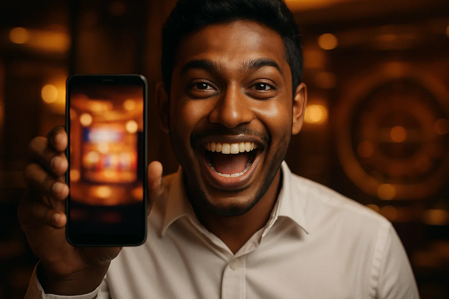 Excited young Bangladeshi man holding smartphone with glowing casino interface